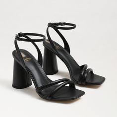 A slender ankle strap and block heel make for the most elegant yet comfortable night out on the town.  Kia Block Heel Sandal. Featured in our Bridal and Bridesmaid Collections.  Closure: Ankle strap buckle. Toe: Open Toe. Heel Height: 3.5"". Material: Leather and synthetic. Black Strappy Block Heels, Black Simple Sandals, Black Dress And White Heels, Black Heels Block, Black Heels Thick Heel, Black Summer Heels, Black Heels Simple, Heels Classy Low, Black Short Heels