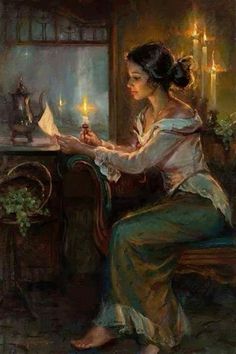 a painting of a woman sitting at a table with a candle in her hand and looking out the window