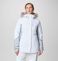 Stay mountain-ready in this warm and waterproof jacket made with a helmet-compatible hood and tons of pockets for your ski pass, goggles, and other essentials. Hooded Windproof Outerwear For Snowboarding, Winter White Outdoor Jacket With Detachable Hood, Windproof Hooded Outerwear For Snowboarding, White Windproof Outerwear For Snowboarding, Winter White Parka With Detachable Hood For Outdoor, Functional White Hooded Jacket For Outdoor Activities, Functional Windproof Outerwear For Skiing, Functional Windproof Skiing Outerwear, White Parka With Adjustable Hood For Cold Weather