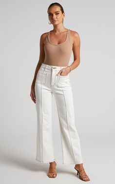 Malcolm Jeans - Mid Rise Contrast Stitch Flared Jeans in White Denim | Showpo USA Flared Denim Jeans, Basic Black Dress, Flared Denim, Bachelorette Dress, Navy Bridesmaid Dresses, Long Sleeve Dress Formal, Flare Denim Jeans, White Long Sleeve Dress, Long White Dress