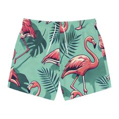 Product Description: Nothing can swoosh down the summer heat like a dive into the sea - or into the nearest pool. Embrace the tropical vibes and playful spirit of summer with our Flamingo Fiesta Swim Trunks! These personalized swim trunks are designed to bring your most lively and exotic designs to life with their all-over-print capability and vibrant colors. Crafted from 100% polyester, these swim trunks ensure maximum comfort and performance. The extra light fabric (3.54 oz/yd² or 120 g/m²) keeps you light and agile in the water. Featuring mesh-lined side pockets and an inner mesh lining, these trunks offer both convenience and practicality. The fast-dry fabric and drawstring waist provide additional comfort, making these trunks your perfect summer companion. Whether you're lounging by t Spring Swimwear With Palm Tree Print For Swimming, Spring Swimwear With Palm Tree Print, Green Summer Swim Trunks, Spring Palm Tree Print Swimwear For Swimming, Summer Vacation Swim Trunks, Spring Palm Tree Print Swimwear, Green Swim Trunks For Summer Beach Party, Green Summer Swim Trunks For Beach, Green Swim Trunks For Summer Beach