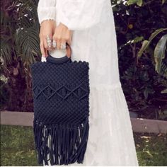 This Brand New Macrame Crochet Handbag With Wood Handle And Fringe By Danielle Nicole Is So Pretty And On Trend. Total Boho Vibes Black Woven Straw Crossbody Bag, Black Bohemian Handwoven Shoulder Bag, Bohemian Black Handwoven Shoulder Bag, Black Crochet Crossbody Bag For Beach, Black Top Handle Crochet Bag For Vacation, Black Crochet Crossbody Bag For The Beach, Black Crochet Bag With Top Handle For Vacation, Bohemian Black Crochet Bag For Everyday Use, Bohemian Black Crochet Bag For Daily Use