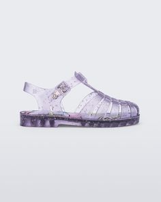 Side view of a clear lilac Possession kids sandal with star glitter Mini Melissa, Jelly Sandals, Special Places, Little One, Jelly, Lilac, Glitter