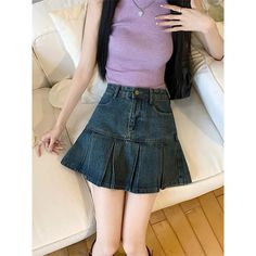 Olivia Mark - Vintage High-Waisted Denim A-Line Skirt with Pleats, Retro Acid-Wash Design, and Body-Contouring Fit Skirt With Pleats, Pleated Denim, Pleated Skirt Short, High Waisted Denim Skirt, Blue Summer Dresses, Denim Skirt Women, Skirt Short, Short Denim, Spring Skirts