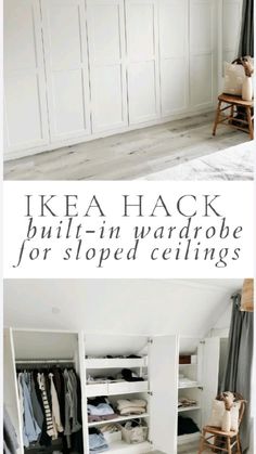 an open closet with clothes in it and the words ikea hack built - in wardrobe for slope ceilings