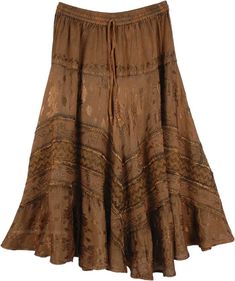 Old Copper Midi Length Western Womens Skirt | Brown | Stonewash, Embroidered, Misses, Solid, Fall, Handkerchief Cowgirl Skirt, Brown Clothing, Western Skirts, Jacquard Skirt, Estilo Hippie, Hippie Look, Brown Skirt, Trendy Skirts, Brown Outfit