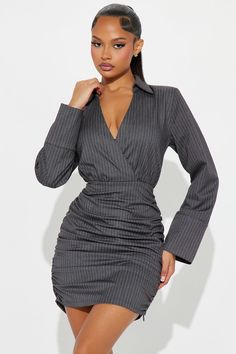 Available In Charcoal. Pinstripe Mini Dress Collar neckline Long sleeve Slight stretch Length = 36" 63% Polyester 33% Rayon 4% Spandex Imported | Office Gossip Pinstripe Mini Dress in Charcoal size Medium by Fashion Nova Office Gossip, Women's Office, Womens Office, Dress Collar, Matching Dresses, Collar Dress, Active Wear For Women, Clothes For Sale, Dresses For Sale