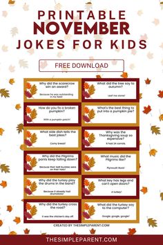 the printable november jokes for kids is shown with leaves on it and text that reads,