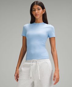 Versatile Everyday Tops By Lululemon, Versatile Everyday Lululemon Tops, Versatile Fitted T-shirt, Fitted Lululemon Tops, Lululemon Short Sleeve T-shirt, Fitted Lululemon Tops For Summer, Stretchy Lululemon Crew Neck Top, Versatile Lululemon Tops, Versatile Solid Color Lululemon Tops