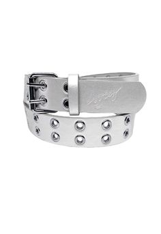 a white leather belt with rivets on it