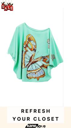 Resort Inspired Butterfly Print Off-shoulder Top Casual Printed Blouse With Butterfly Sleeves, Summer Butterfly Sleeve Printed Blouse, Summer Printed Blouse With Butterfly Sleeves, Casual Butterfly Sleeve Blouse For Summer, Casual Printed Tops With Butterfly Sleeves, Summer Vacation Blouse With Butterfly Sleeves, Green One-shoulder Blouse For Spring, Green One-shoulder Blouse, One-shoulder Green Blouse For Spring