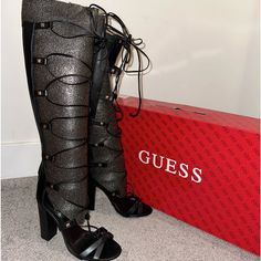 Brand New Guess Lace Up Open Toe Heels. Never Worn, Size 9 , Black Lace-up Heels With Branded Heel Counter For Party, Lace-up Heels With Stacked Heel For Night Out, Open Toe Heels, Guess Shoes, Diamond Quilt, Lace Up Heels, Shoes Women Heels, Open Toe, Shoes Heels