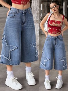 Baggy Thrifted Jeans, Jeans With Stars On Them, Y2k Hyperpop Fashion, Jinco Pants, Capri Pants Outfits Y2k, Jeans And Denim, Vintage Washed Jeans, Star Pants Outfit, Bag Pants Style