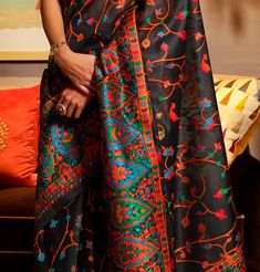 Charcoal Black Multicolor Designer Embroidered Silk Wedding Saree-Saira's Boutique Wedding Reception Party, Holiday Promotions, Reception Party, Wedding Saree, Silk Wedding, Charcoal Black, Embroidered Silk, Saree Wedding, Black Charcoal