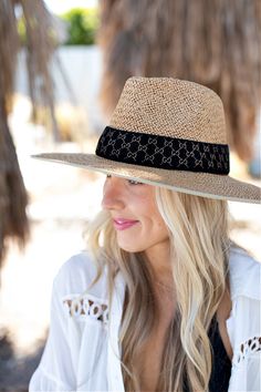 Our Palm Desert Panama fit in perfectly on our latest road trip photo shoot. Stunning, classic, chic - everything you've ever wanted in a hat. Featuring a molded crown with a pinched 10cm brim and hand woven straw, it's crystallized on the tone on tone ribbon with a simple Swarovski rivet. -Rancher style hat with a chill & casual vibe-Brim is flexible but holds its shape-Coordinating ribbon band-Pinched top-Great quality-- will last forever-This color actually goes with everything effortlessly-A Chic Spring Boater Hat Made Of Paper Straw, Chic Fitted Sun Hat For The Beach, Chic Visor Sun Hat For Travel, Chic Fitted Hat For The Beach, Chic Fitted Beach Hat, Spring Travel Hat Made Of Paper Straw, Chic Straw Boater Hat With Upf 50+, Chic Travel Boater Hat With Upf 50+, Chic Fitted Boater Hat For Vacation