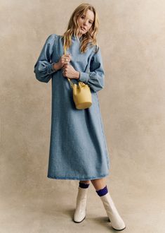 Midi dress with long balloon sleeves;Ample volume;High collar;Button fastening on shoulder;Length from shoulder 116 cm / 45.7 in (for a 36) Tomboy Shirts, Professional Wardrobe, Long Balloons, Winter Essentials, Navy And Green, Parisian Style, High Collar, Wide Leg Trousers, Matilda