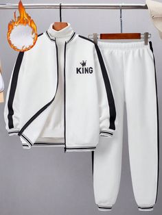 White Casual Collar   Colorblock,Letter,Striped  Embellished Slight Stretch  Tween Boys Clothing White Long Sleeve Patchwork Sets, Casual Patchwork Sets For Winter, White Long Sleeve Tracksuit With Letter Print, White Stretch Tracksuit For Winter, Sporty White Winter Sets, Winter White Stretch Tracksuit, Sporty White Set For Fall, Sporty White Sets For Fall, Shein Kids