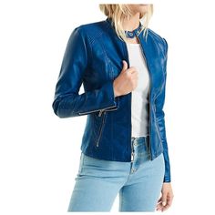 Women Blue Soft Lambskin Motorcycle Racer Leather Jacket Women Blue Soft Lambskin Motorcycle Racer Leather Jacket is one of our signature jackets we offer. A staple that is a must for your closet. The jackets that will leave you in awe for wanting more. Our slim-fit biker jacket range will impress you, with the addition of this Slim Fit Black Front Women Blue Soft Lambskin Motorcycle Racer Leather Jacket you would love to incorporate this into your wardrobe. Color options: BlueFully linedFront z Blue Leather Jacket Outfit, Dark Blue Leather Jacket, Colorful Leather Jacket, Leather Jacket Outfit Ideas, Navy Blue Leather Jacket, Leather Motorcycle Jacket Women, Leather Motorcycle Pants, Racer Leather Jacket, Fitted Biker Jacket