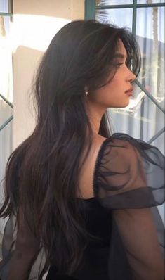 a woman with long hair standing in front of a glass door wearing a sheer black top