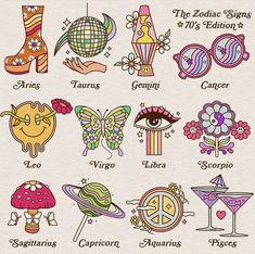 the zodiac signs and their meanings are drawn in colored ink on white paper with colorful graphics