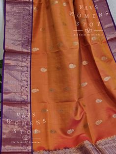 Orange Color Pure Kanchi Pattu Soft Silk Saree with stitched blouse Elevate your traditional wardrobe with this exclusive handpicked saree from Vavs Women's Stop. The beautiful combination of orange and purple in this handwoven Kancheepuram silk saree is a trendsetter in itself. The saree comes with a well-made, perfectly fitting stitched blouse, making it a hassle-free choice for any occasion. Our quick shipping from Prosper, Texas ensures that you receive your saree in time for all your auspic Traditional Orange Pre-draped Saree With Zari Weaving, Traditional Orange Art Silk Pre-draped Saree, Orange Tissue Silk Anarkali Traditional Wear, Orange Anarkali Chanderi Saree, Orange Tissue Silk Traditional Wear For Festivals, Orange Tissue Silk Saree For Navratri, Navratri Orange Tissue Silk Saree, Orange Tissue Silk Traditional Wear For Diwali, Orange Anarkali For Traditional Ceremonies