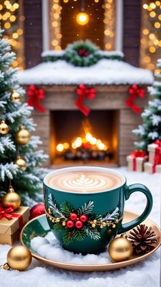 a cup of coffee on a saucer in front of a fireplace with christmas decorations