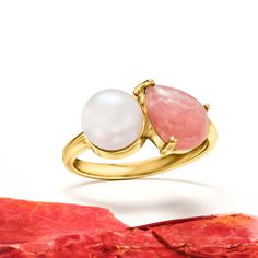 Ross-Simons - 7.5-8mm Cultured Pearl, Pink Rhodochrosite Toi et Moi Ring Over Sterling. Size 7. French for "you and me," Toi et Moi rings are a unique way to celebrate a special relationship in your life. Wear our on-trend, two-stone designs as a sentimental symbol of romance, friendship, family - or simply treat yourself to double the sparkle! A blushing 7x10mm pear-shaped pink rhodochrosite cabochon casts the prettiest hue beside a luminous 7.5-8mm cultured freshwater button pearl in polished Pink Rings With Natural Stones For Anniversary, Pearl Birthstone, Pink Rhodochrosite, Pearl Pink, Fine Jewelery, Stone Design, Cultured Pearls, Pear Shaped, Pearl White