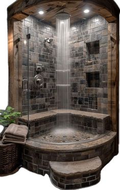 a bathroom with stone walls and a large shower