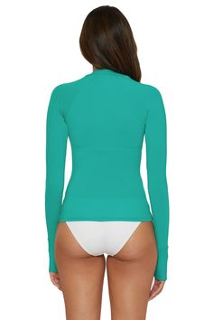 -Jenna swim rash guard top -Slim-fitting raglan long sleeve with thumb holes -Contrast rib at sleeve hem and crew-neckline -26" from high point shoulder -UPF 50 -90% Nylon 10% Spandex | Lining: 82% Nylon 18% Spandex Beach Date, Raglan Long Sleeve, Long Sleeve Rashguard, Swimsuit Shops, Kimono Dress, Romper Pants, Free Fabric, High Point, Thumb Holes