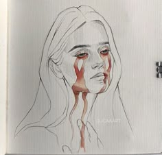 a drawing of a woman with blood on her face