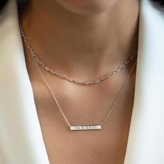 This personalized custom Silver name bar necklace is one of our best selling necklace. Great for birthday, friendship, mother's day and bridesmaids gift. Bar size: Width 30mm x Height 4mm Adjustable chain: 15-17in (38-43cm) Laser Engraving Sterling Silver Spring clasp closure Hypoallergenic, lead and nickel free #254S Elegant Silver Rectangular Bar Necklace, Sterling Silver Name Necklace With Cable Chain, Sterling Silver Name Necklace With Cable Chain For Gift, Elegant Customizable Rectangular Name Necklace, Dainty Bar Necklace With Cable Chain For Gift, Dainty Bar Necklace With Cable Chain, Dainty Bar Necklace With Cable Chain As A Gift, Silver Engraved Rectangular Bar Necklace, Minimalist Silver Engraved Bar Necklace