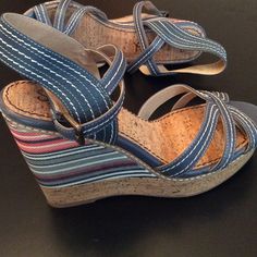 NEW Splendid Pastel Rainbow Wedges! Denim-y colored strap and shades of the same blue grey, pink and cream on the wedge.  Secure rubber sole and delicate crisscross straps.  NEVER WORN. Splendid Shoes Sandals Casual Blue Wedge Sandals For Spring, Casual Blue Spring Wedge Sandals, Blue Denim Wedge Sandals, Casual Denim Wedge Sandals For Spring, Cork Wedges, Anthropologie Shoes, Century Clothing, Stripe Fabric, Shoe Closet