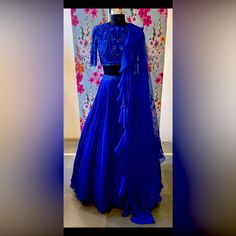 Brand New Indo Western Lehenga. Color Is Electric Blue. Would Be Able To Provide Video Call Assistance If Needed Elegant Blue Choli For Party, Blue Silk Lehenga For Reception, Elegant Blue Choli For Evening, Elegant Fitted Blue Lehenga, Elegant Blue Fitted Lehenga, Evening Blue Fitted Choli, Blue Fitted Evening Choli, Blue Silk Choli For Party, Blue Silk Choli For Wedding