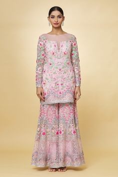 Pink chanderi kurta with mirror and thread hand embroidery. Comes with sharara and a dupatta. - Aza Fashions Floral Embroidered Sharara For Designer Wear And Diwali, Floral Embroidered Sharara For Festivals And Receptions, Floral Embroidered Sharara For Receptions And Festivals, Traditional Floral Embroidered Sharara For Reception, Designer Floral Embroidered Sharara For Eid, Designer Floral Embroidery Sharara For Eid, Bollywood Floral Embroidered Sharara For Diwali, Bollywood Style Designer Sharara With Floral Embroidery, Semi-stitched Floral Embroidered Sharara For Festivals