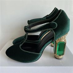 TAAFO Emerald Agate Chunky Heel Wedding Shoes Jeweled High Heel Shoes T-strap Green Velvet Round Toe Rhinestone Pumps Women Black T-strap-37 Chunky Heel Wedding Shoes, Rhinestone Pumps, Wedding Shoes Heels, Pump Types, Heel Type, Green Velvet, T Strap, Vintage Shoes, Chunky Heel