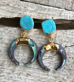 Tibetan Blue Turquoise and Paua Horn Crescent Gold Earrings | Turquoise Earrings | Gold Earrings | Shell Earrings | Horn Earrings by GildedBug on Etsy Blue Bohemian Plug Earrings For Pierced Ears, Blue Bohemian Plug Earrings, Bohemian Blue Gemstone Earrings, Turquoise Earrings Gold, Horn Earrings, Fun Jewelry, Paua Shell, Earrings Turquoise, Unique Handmade Jewelry