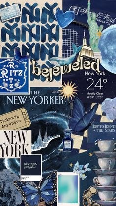 the new york city skyline collage is made up of many different images and words