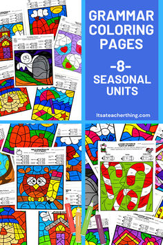 The 8 seasonal units will add fun to your grammar activities. Easy to grade and engaging for students, the coloring pages are sure to be a hit with your 5th-8th grade students. No prep needed, perfect for subs, and the pictures make great seasonal bulletin boards. Activities For Back To School, Speech Worksheets, Seasonal Bulletin Boards, Middle School Grammar, Parts Of Speech Activities, Grammar Review, Good Grammar, Coloring Activities, Grammar Practice