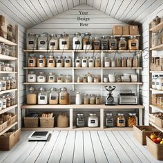 an organized pantry with lots of jars and containers on the shelves, labeled your design here