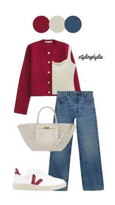 Sky Blue And Red Outfit, Red And White Outfit Casual Street Style, Navy And Red Outfit, Red And Navy Blue Outfit, Red Belt Outfit Ideas, Red Tee Outfit, Red Handbag Outfit, Sleeveless Cardigan Outfit, Red Cardigan Outfit