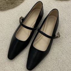 Black Vegan Leather Nwot. Goldtone Buckle. Black Ankle Strap Flats For Work, Black Mary Jane Flats With Almond Toe, Black Mary Jane Flats For Formal Occasion, Black Vegan, Gold Black, Flat Shoes Women, Mary Janes, Loafer Flats, Vegan Leather