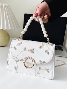 Bag For Love - Faux Pearl Decor Floral Embroidery Satchel Bag  - Women Satchels Cheap Bags That Look Expensive, Pretty Bags Fashion, White Spring Bag With Pearl Handle, White Spring Bags With Pearl Handle, Spring White Bag With Pearl Handle, White Embroidered Bags For Spring, Spring Party Bag With Floral Embroidery, Spring Party Bags With Floral Embroidery, White Wedding Bags For Spring