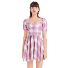 Pink Plaid Puff Sleeve Sweetheart Neck Short Dress - Objet D'Art Elegant Mini Dress, Short Puff Sleeve, Pink Plaid, Sweetheart Neck, Chiffon Fabric, Xl Dress, Short Dress, Dresses Xs, Puff Sleeve