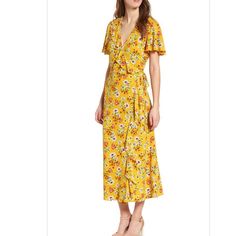 Beautiful And Fun Yellow Floral Dress. Never Worn! Brand New Yellow Floral Print Spring Dress, Spring Yellow Floral Print Dress, Yellow Floral Print Dress For Spring, Spring Yellow Floral Print Midi Dress, Yellow Floral Print Midi Dress, Yellow Short Sleeve Dress With Floral Print, Spring Yellow Short Sleeve Dresses, Yellow Short Sleeve Spring Dresses, Chic Mustard V-neck Maxi Dress