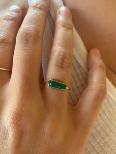 This malachite ring will add a pop of color to your lovely hands.  These rings are made to order and every stone is picked for its beautiful color.  Because of the nature of the stone variations in size and shape are possible.  Let me know your ring size in the comments. Minimalist Green Gemstone Ring, Green Crystal Gemstone Ring Minimalist Style, Green Crystal Minimalist Ring With Gemstone, Green Natural Stone Promise Ring, Green Natural Stones Promise Ring, Minimalist Green Crystal Gemstone Ring, Green Malachite Rings As A Gift, Green Onyx Gemstone Rings As Gift, Green Onyx Rings For Gifts