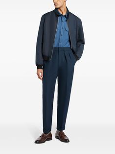 TOM FORD pleat-detail Tapered Trousers - Farfetch Navy Business Pants With Pockets, Navy Workwear Pants With Side Pockets, Business Navy Pants With Pockets, Modern Blue Pants With Belt Loops, Leg Belt, Cerulean Blue, Tapered Trousers, Balenciaga Triple S, Dress Watch