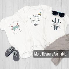 Crawl Walk Ski Onesies® or t-shirts are designed in a lighthearted colorful look. These onesie's® come in newborn, 0-3 M, 3-6M, 6-9M, 12M and 18M. They are 100% cotton rib fabric and machine washable. These classic, cozy onesie's® and tee's are great for everyday wear! -------------------------------------------------- ONESIE® SIZES  Newborn: 5-8 Ibs. - 17-21 in 0-3 Months: 21-24 in. - 6-12 Ibs. 3-6 Months: 24-26 in. - 12-16 Ibs.  6-9 Months: 26-28 in. - 16-20 Ibs. 12 Months: 28-30 in. - 20-24 Ibs. 18 Months: 30-32 in. - 24-28 Ibs. TODDLER T-SHIRT 2T:   28-32 Ibs. - 34 in.  3T:32-35 Ibs. - 34-38 in. 4T:35-39 lbs. - 38-40 in.  5T:39-43 lbs. - 40-44 in. ** Quick Sizing Tip ** Onesies are printed on Gerber organic. These tend to run small so we recommend sizing up if you are on the fence. Tod White Short Sleeve Onesie For Loungewear, Playtime Soft-washed White Tops, Unisex Casual Onesie For Playwear, Cotton Graphic Print Onesie For Loungewear, Casual Playwear Onesie, Casual Short Sleeve Onesie With Graphic Print, White Onesie With Graphic Print For Playwear, White Graphic Print Onesie For Playwear, Casual Onesie With Graphic Print, Gender-neutral