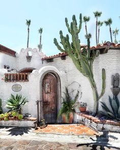 a white stucco house with cactus and cacti on the front door, surrounded by palm trees