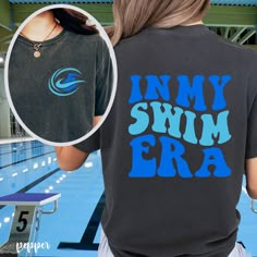 a woman wearing an in my swim era t - shirt next to a swimming pool