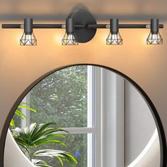 a bathroom mirror with three lights and a potted plant in front of the window